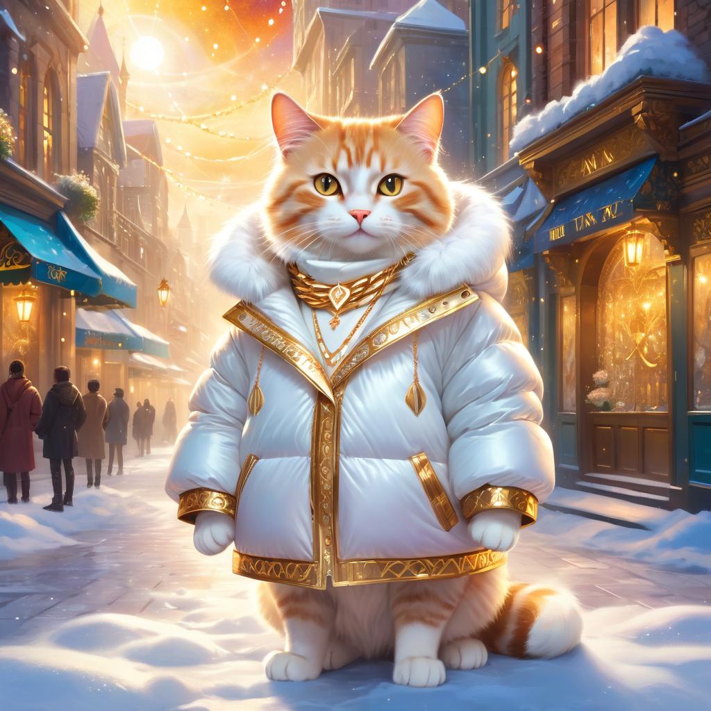 manx cat in a white puffer coat with golden hip hop chains, in a posh urban environment, looking cute and happy.