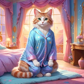 manx cat in cute pyjamas, relaxing in a posh bedroom, capturing an ethereal and happy moment.