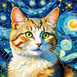 manx cat by van gogh, featuring starry night brush strokes, capturing a cute and happy expression.