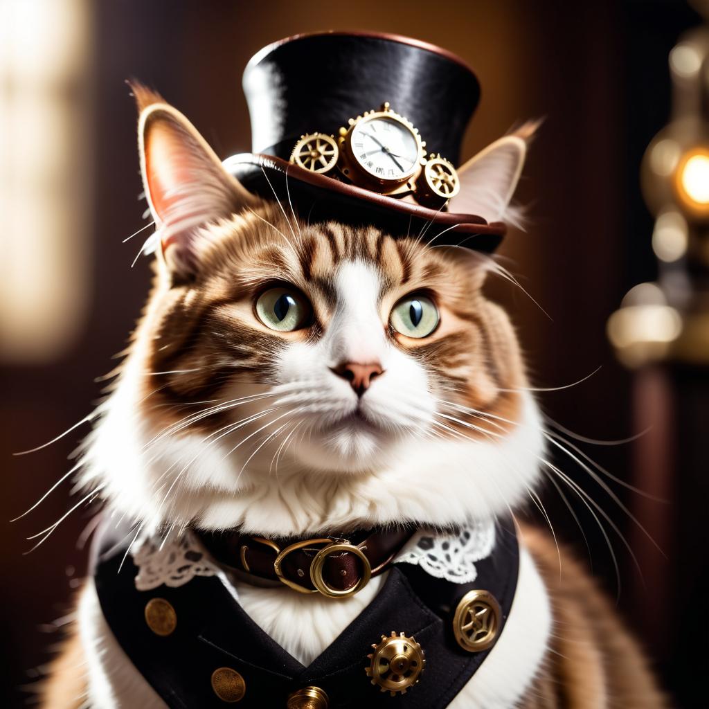 manx cat in a steampunk style, happy, highly detailed, retro-futuristic, with a vintage aesthetic.