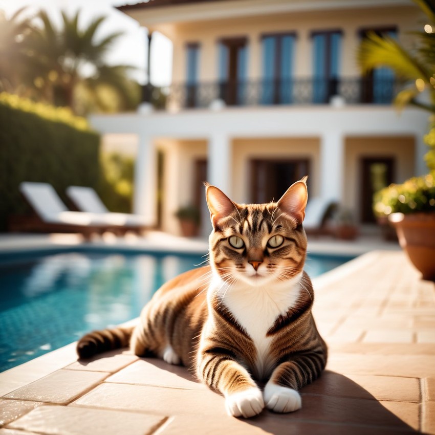 manx cat suntanning next to a luxurious villa pool, capturing a posh and happy moment.