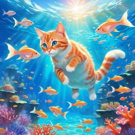 manx cat swimming in a magical blue ocean with colorful fish and coral reef, capturing a dreamy and adventurous underwater scene.