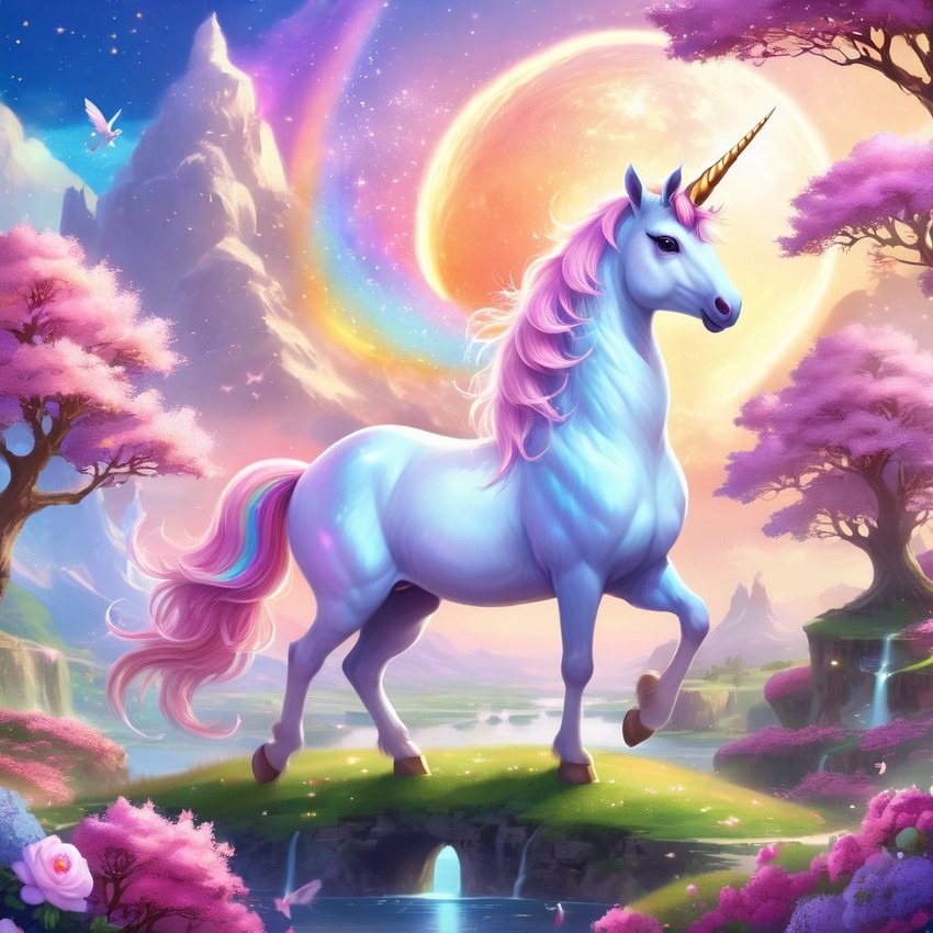 manx cat as a unicorn in a magical fairytale environment, capturing an ethereal and majestic scene.