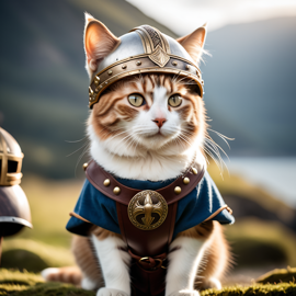 manx cat as a viking, wearing traditional armor and helmet, set in a detailed viking environment.