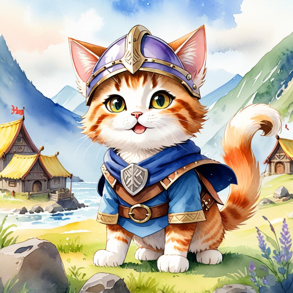 watercolor painting of manx cat as a viking, wearing traditional armor and helmet, in a vibrant viking environment.