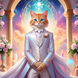 fantasy wedding art of manx cat in a beautiful wedding suit, set in a dreamy, magical environment, looking cute and happy.