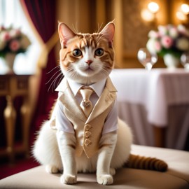 manx cat in a beautiful wedding suit, capturing a cute and happy moment in a romantic environment.