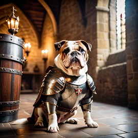 bulldog as a medieval knight in a cinematic film still, detailed armor, set in a grand medieval castle.