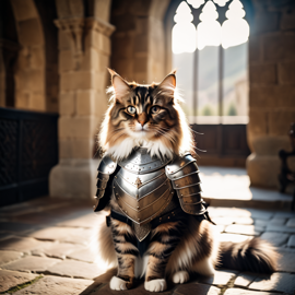 domestic longhair cat as a medieval knight in a cinematic film still, detailed armor, set in a grand medieval castle.