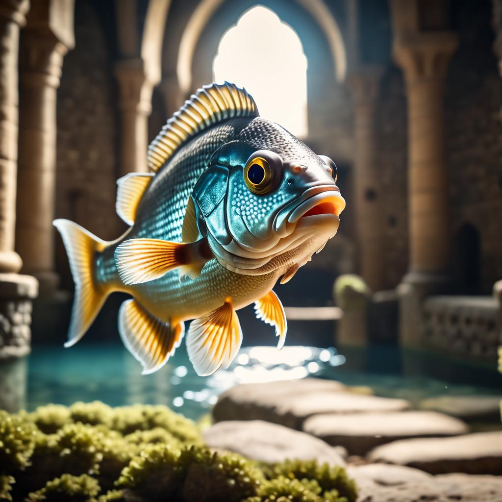 cichlid fish as a medieval knight in a cinematic film still, detailed armor, set in a grand medieval castle.