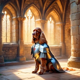 cocker spaniel as a medieval knight in a majestic castle, ethereal and painterly style.