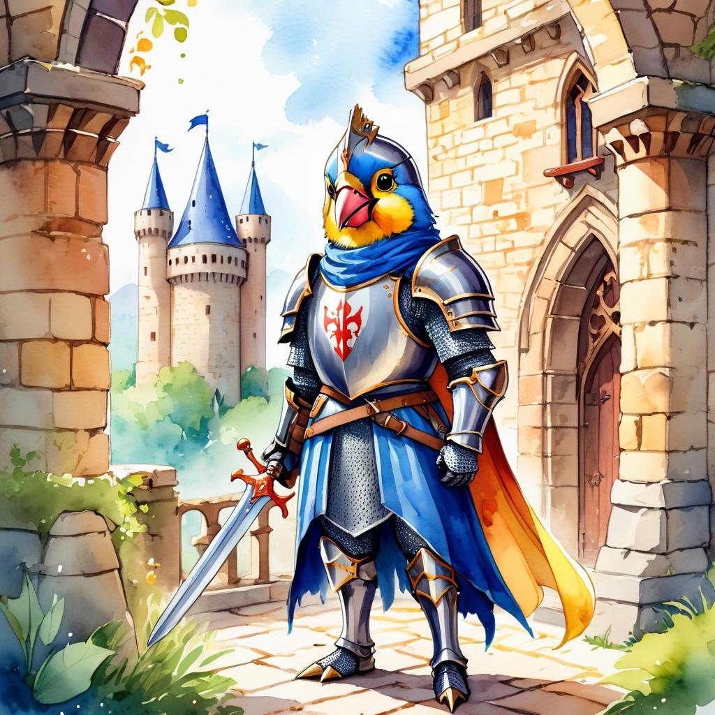 watercolor painting of finch bird as a medieval knight in a vibrant, detailed castle scene.