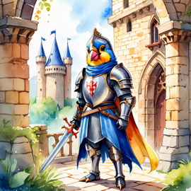 watercolor painting of finch bird as a medieval knight in a vibrant, detailed castle scene.