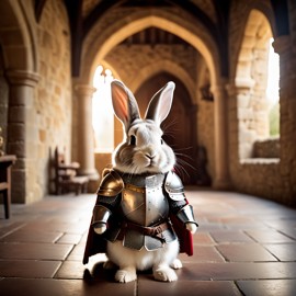 american fuzzy lop rabbit as a medieval knight in a cinematic film still, detailed armor, set in a grand medieval castle.