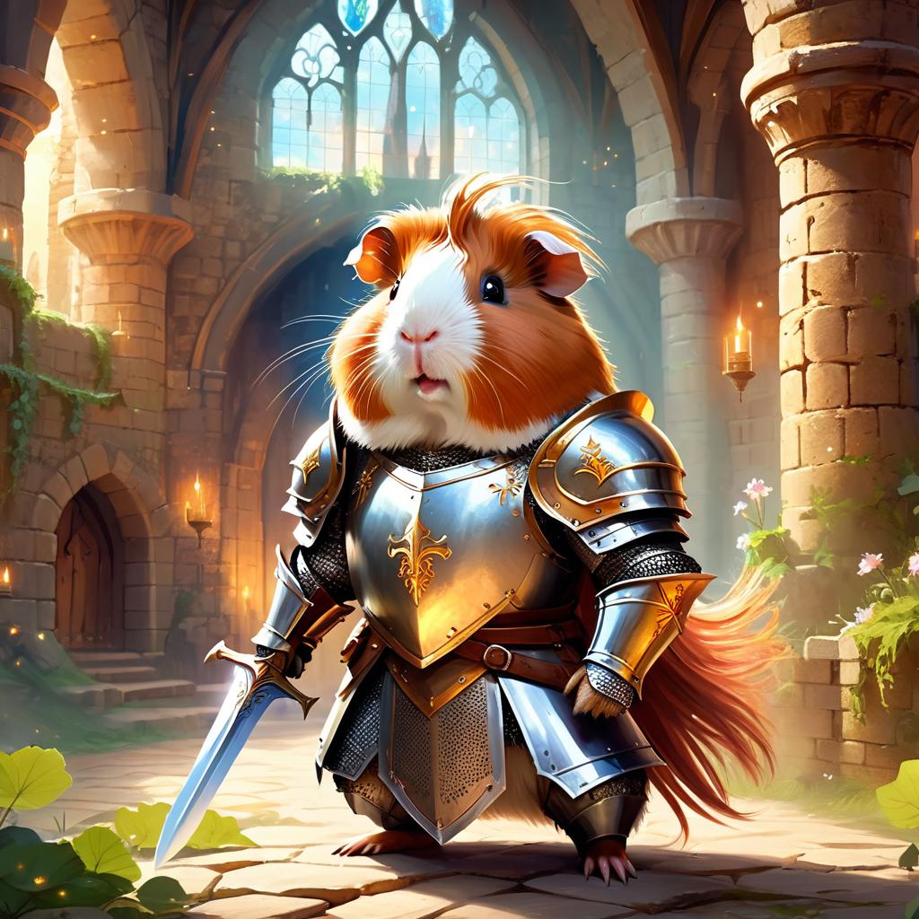 abyssinian guinea pig as a medieval knight in a majestic castle, ethereal and painterly style.