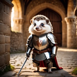 european hedgehog as a medieval knight in a cinematic film still, detailed armor, set in a grand medieval castle.