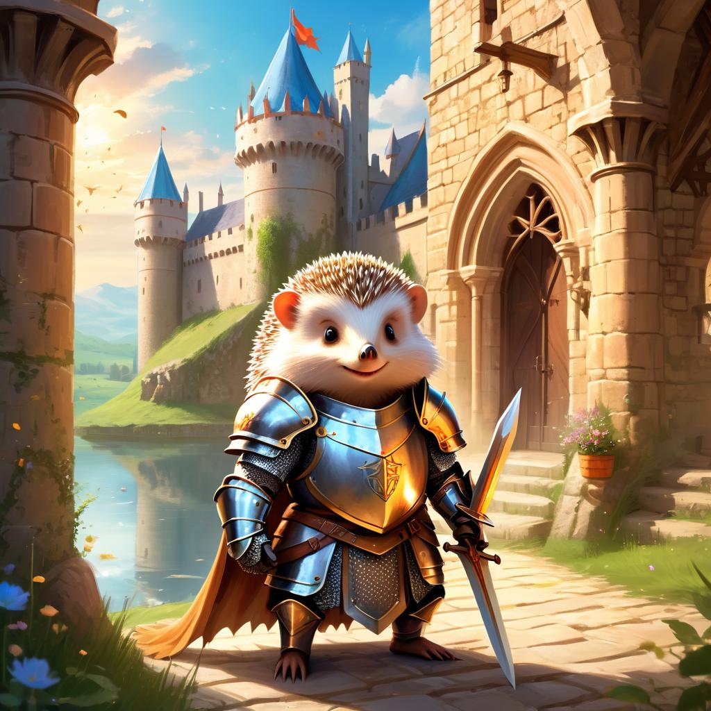 european hedgehog as a medieval knight in a majestic castle, ethereal and painterly style.