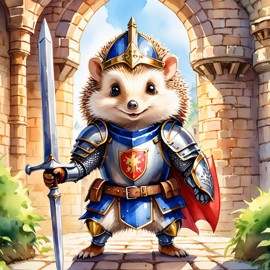 watercolor painting of european hedgehog as a medieval knight in a vibrant, detailed castle scene.