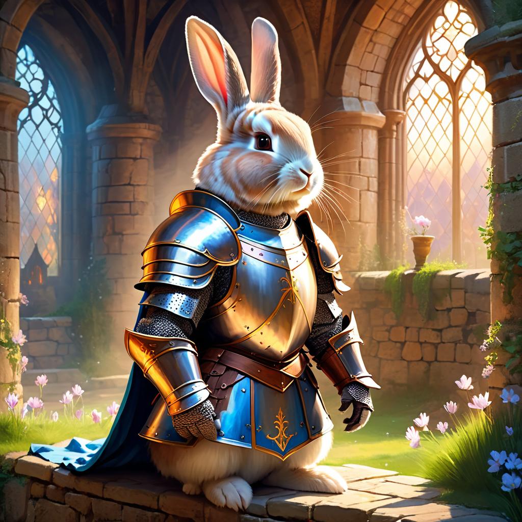 holland lop rabbit as a medieval knight in a majestic castle, ethereal and painterly style.