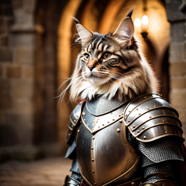 maine coon cat as a medieval knight in a cinematic film still, detailed armor, set in a grand medieval castle.