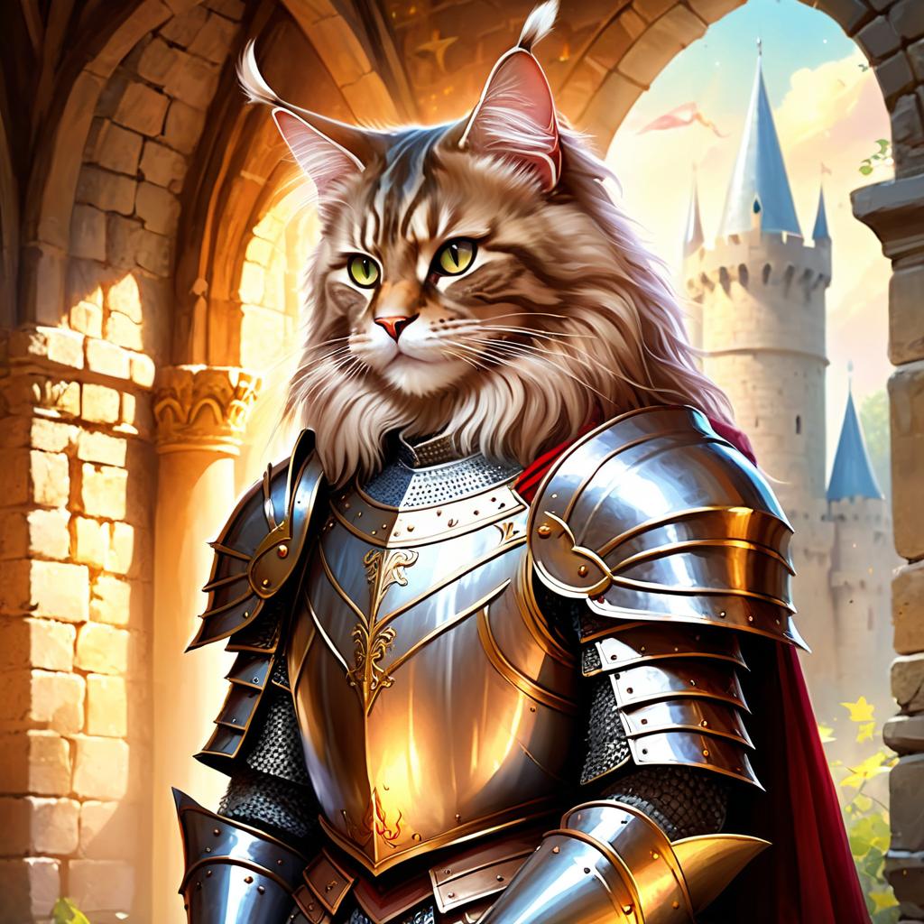 maine coon cat as a medieval knight in a majestic castle, ethereal and painterly style.