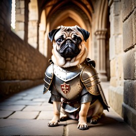 pug as a medieval knight in a cinematic film still, detailed armor, set in a grand medieval castle.