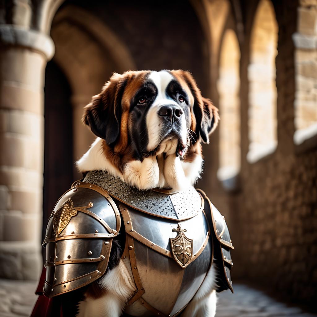 saint bernard as a medieval knight in a cinematic film still, detailed armor, set in a grand medieval castle.