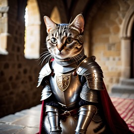 american shorthair cat as a medieval knight in a cinematic film still, detailed armor, set in a grand medieval castle.