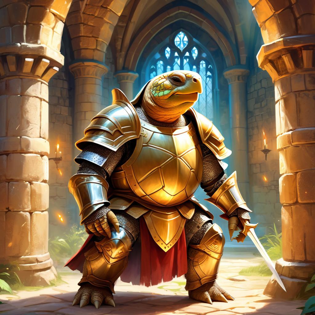 sulcata tortoise turtle/tortoise as a medieval knight in a majestic castle, ethereal and painterly style.