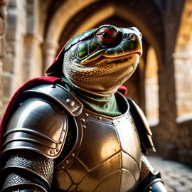 red-eared slider turtle/tortoise as a medieval knight in a cinematic film still, detailed armor, set in a grand medieval castle.