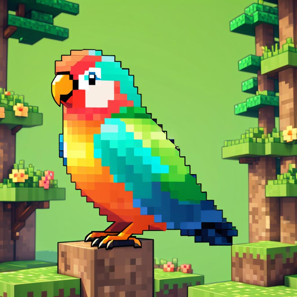 lovebird bird as a minecraft character in pixel graphics, capturing the charm of the blocky minecraft universe.