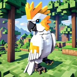 cockatoo bird as a minecraft character in pixel graphics, capturing the charm of the blocky minecraft universe.