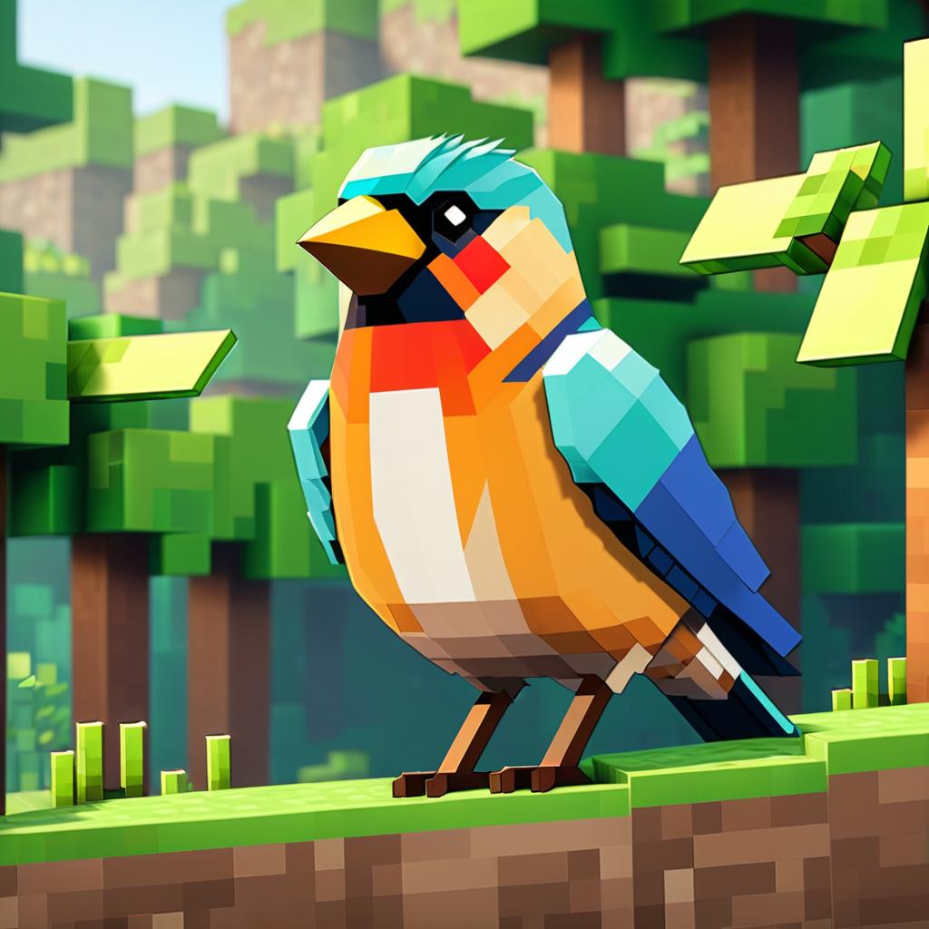 finch bird as a minecraft character in pixel graphics, capturing the charm of the blocky minecraft universe.