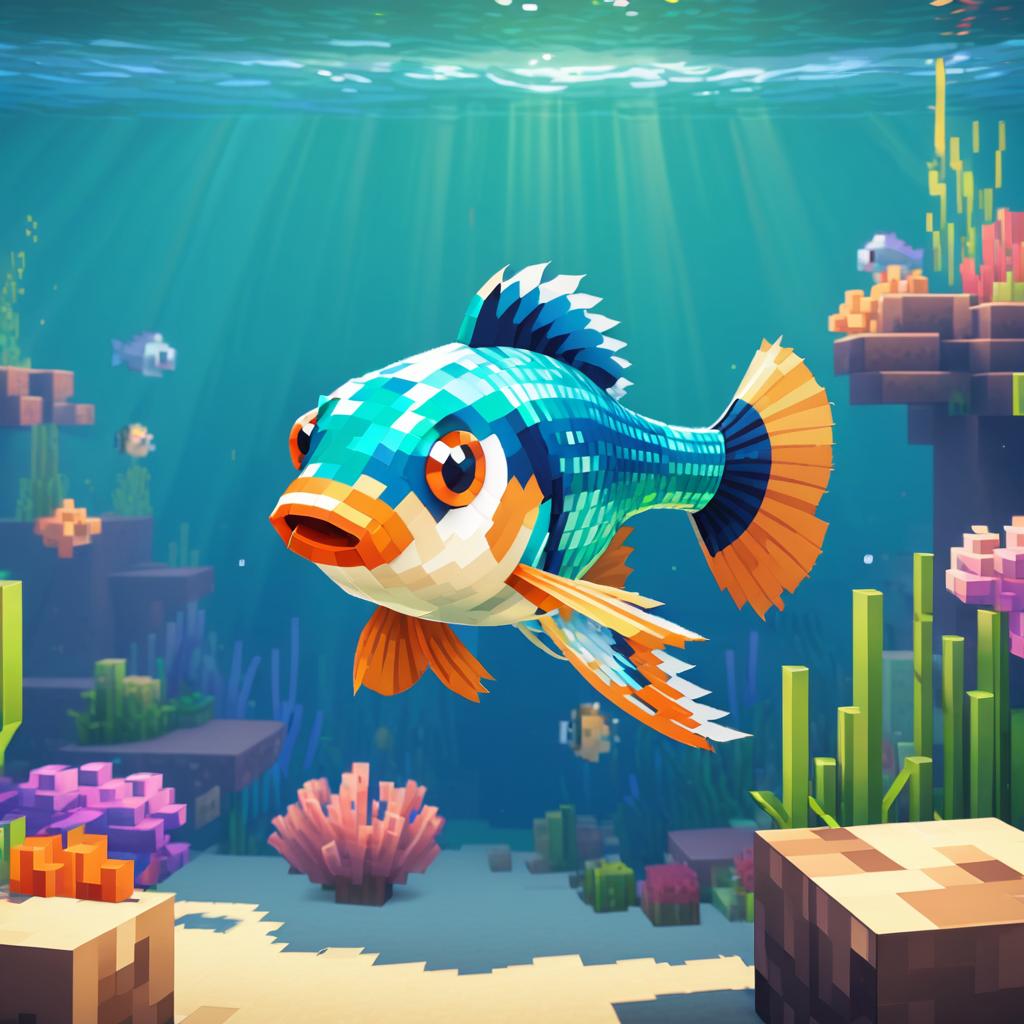 guppy fish as a minecraft character in pixel graphics, capturing the charm of the blocky minecraft universe.