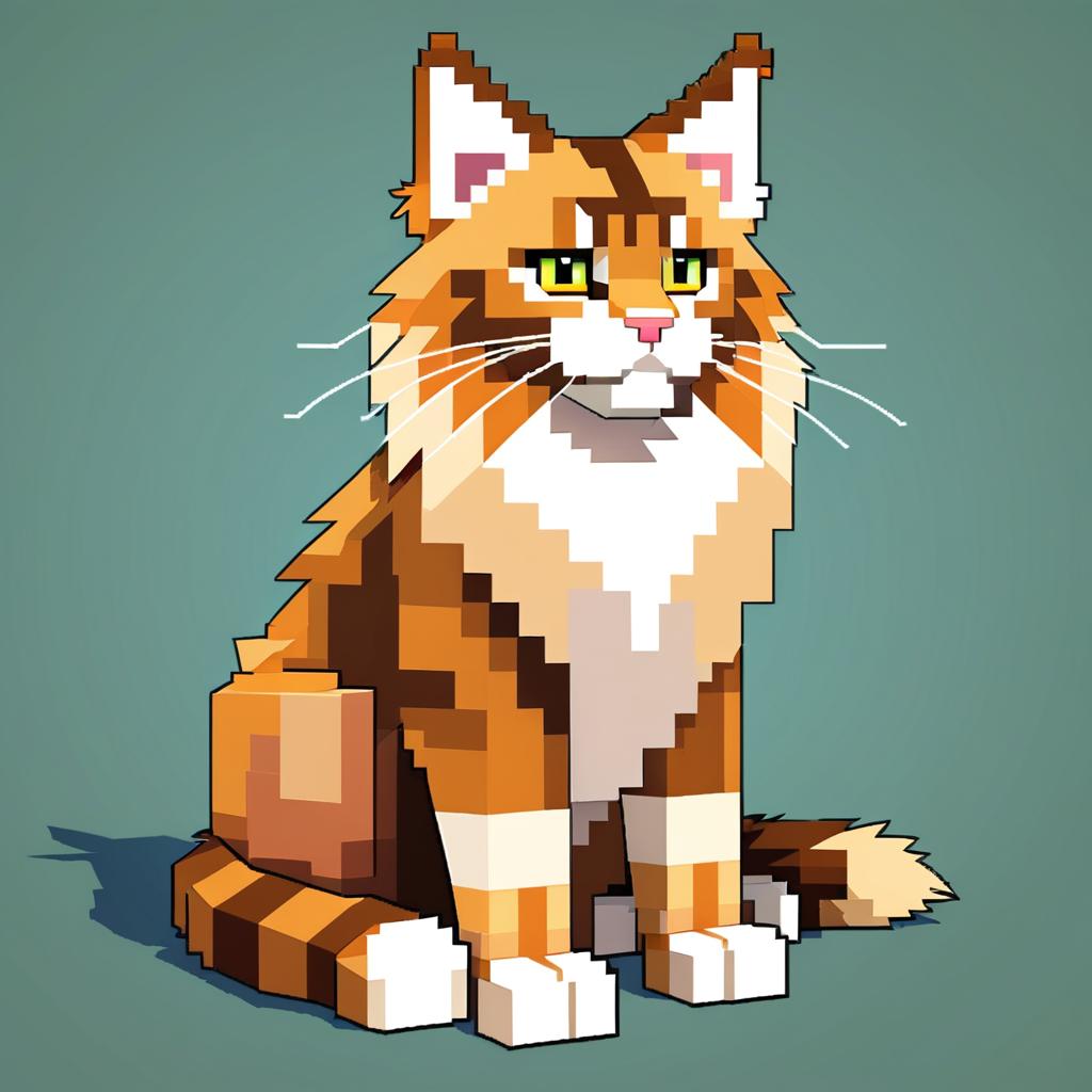 maine coon cat as a minecraft character in pixel graphics, capturing the charm of the blocky minecraft universe.