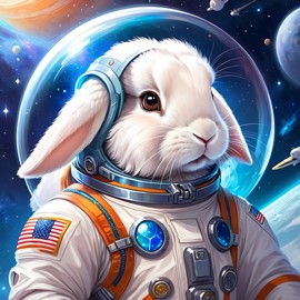 mini lop rabbit as astronaut in space, ethereal and magical style, wearing spacesuit.