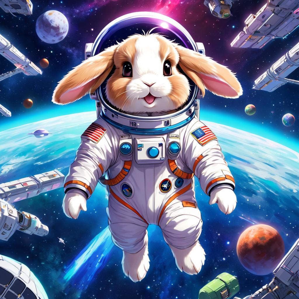 anime illustration of mini lop rabbit as astronaut in space, wearing spacesuit, vibrant and detailed.