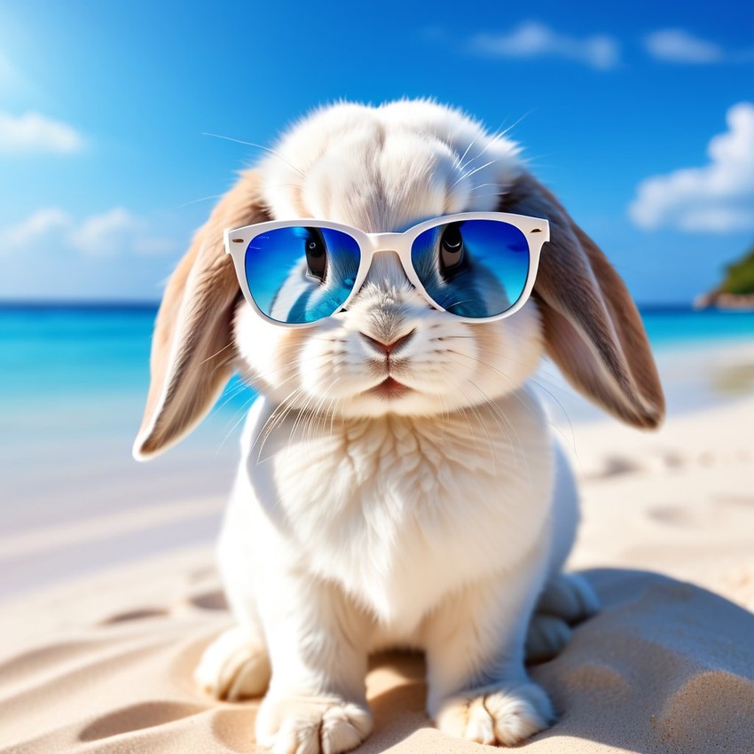 mini lop rabbit on a beautiful beach with white sand and blue sea, wearing sunglasses.