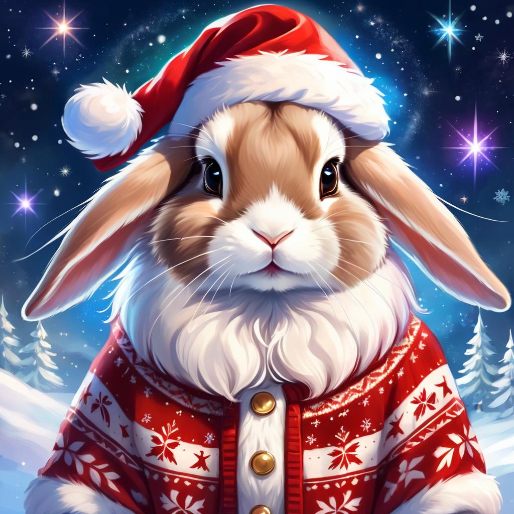 mini lop rabbit in a christmas sweater and santa hat, ethereal and magical.