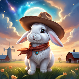 mini lop rabbit as a cowboy wearing a hat, in the midwest countryside, on a farm.