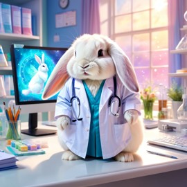 mini lop rabbit as a doctor in a magical hospital setting, ethereal and dreamy with celestial details.