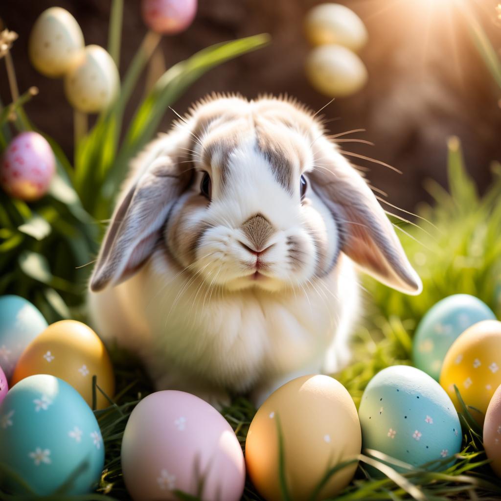 mini lop rabbit in a beautiful easter setting with colorful eggs, highly detailed and charming.