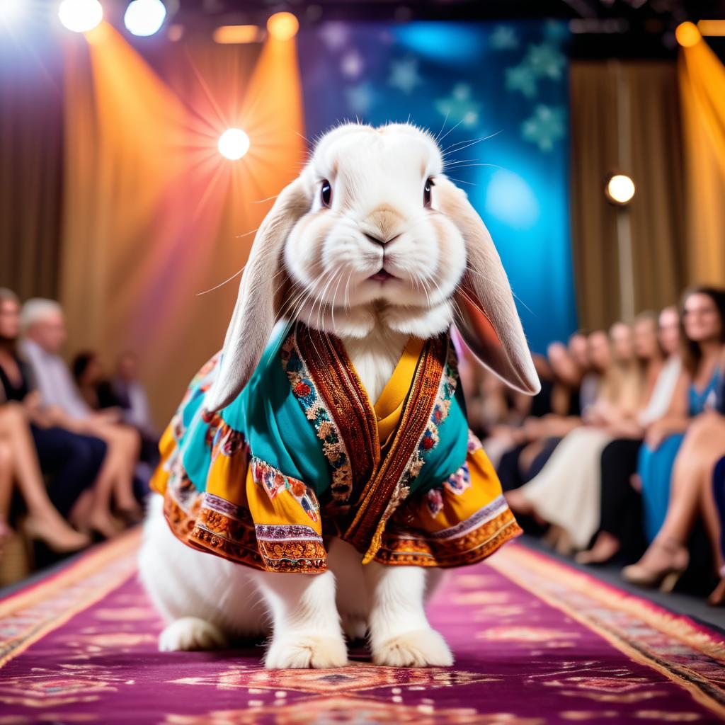 mini lop rabbit strutting down the fashion show catwalk stage in a colorful bohemian outfit with flowing fabrics, high energy and joyful.