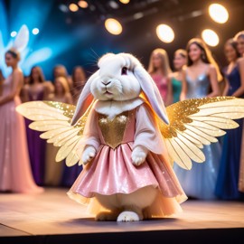 mini lop rabbit strutting down the fashion show catwalk stage in a magical fairytale dress with glittering wings, high energy and magical.