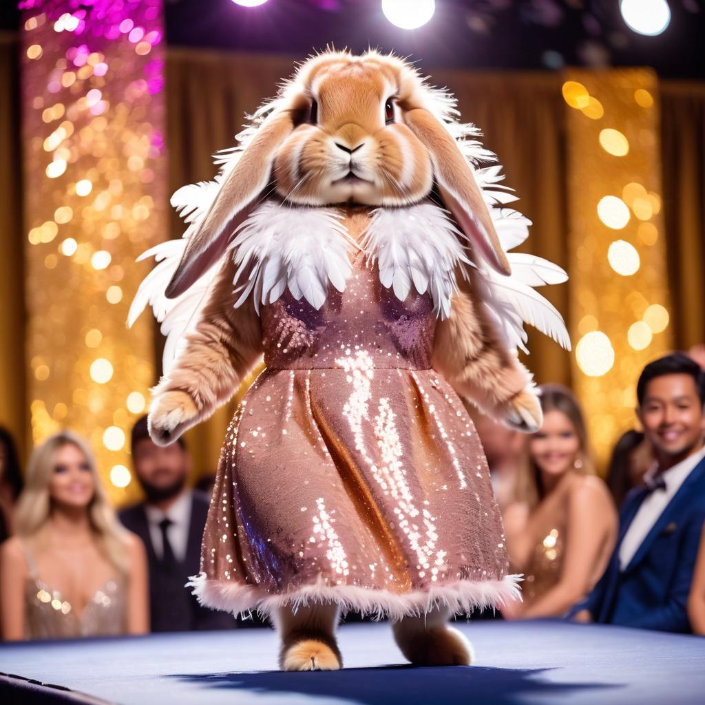 mini lop rabbit strutting down the fashion show catwalk stage in a sparkling sequined dress with a feathered boa, high energy and dramatic.