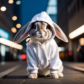 mini lop rabbit in a white hoodie, showcasing a modern urban setting with a cute and stylish look.