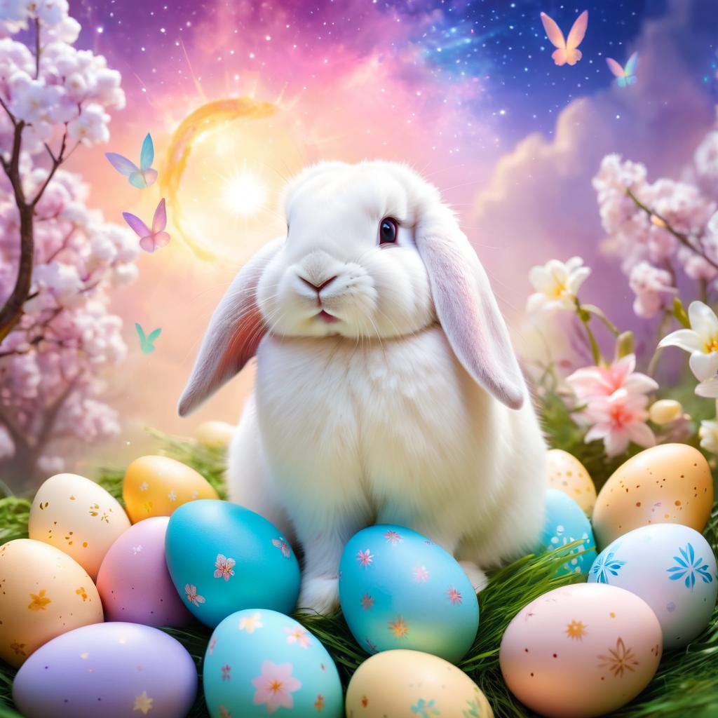 mini lop rabbit in a magical easter setting with colorful eggs, ethereal and dreamy details.