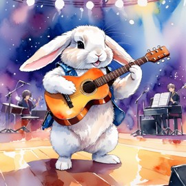 mini lop rabbit as a musician in a watercolor painting, playing guitar in a vibrant and detailed concert hall scene.