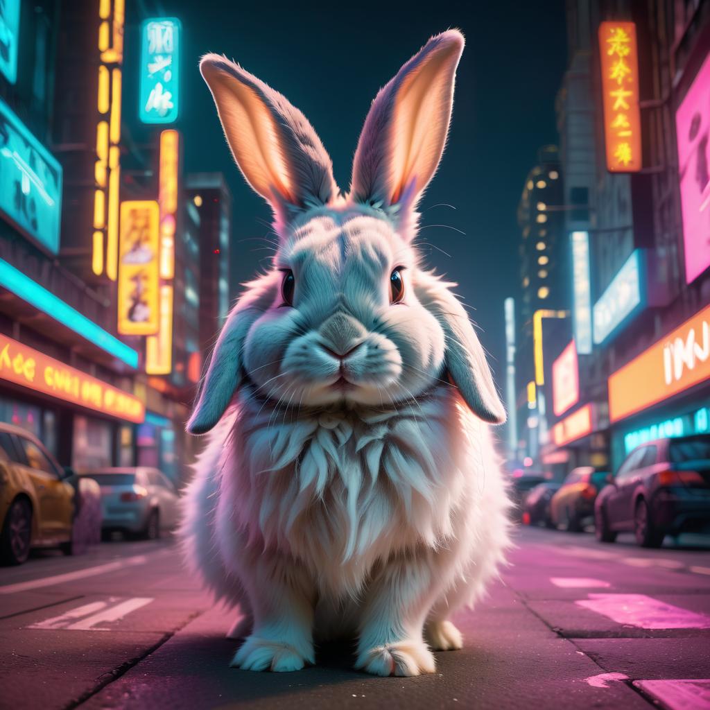 mini lop rabbit in a vibrant neon city with chinapunk style, featuring captivating lighting and a modern, exotic look.