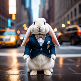 mini lop rabbit in new york, dressed in classy clothing, against an iconic nyc backdrop with a cinematic, high-detail style.